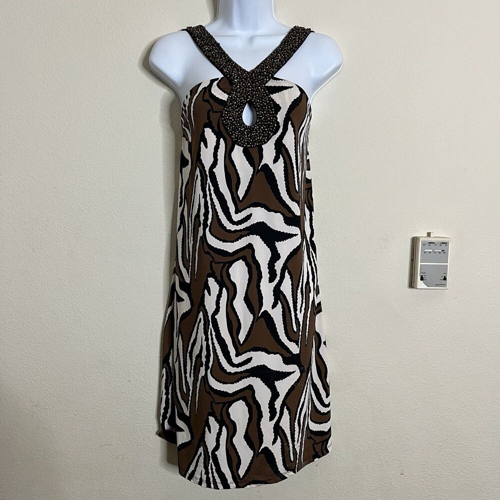 INC SZ XL Y2K Beaded Bodice Sleeveless Brown Animal Print Short Dress